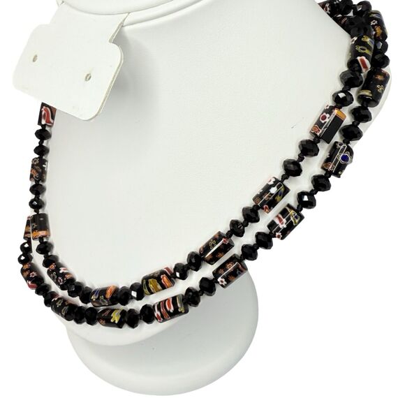 Vintage Black Millefiori Glass Crystal Beaded Necklace 24" Multi-Strand Layered - Picture 3 of 9